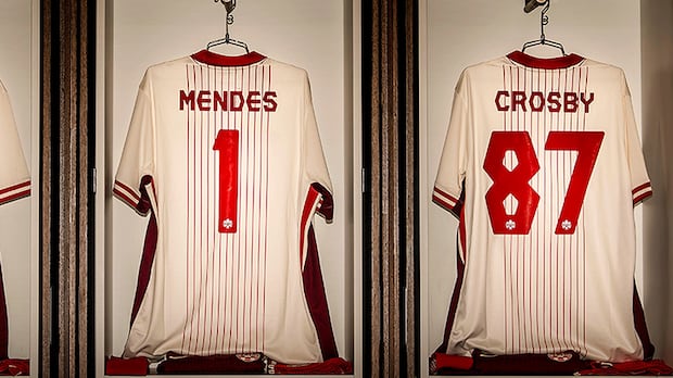 NHL star Sidney Crosby, actor Simu Liu and singer Shawn Mendes are the first celebrities named to the "Iconic XI Ambassador" program. Picture of soccer jerseys with number and names of NHL star Sidney Crosby and singer Shawn Mendes on the back.