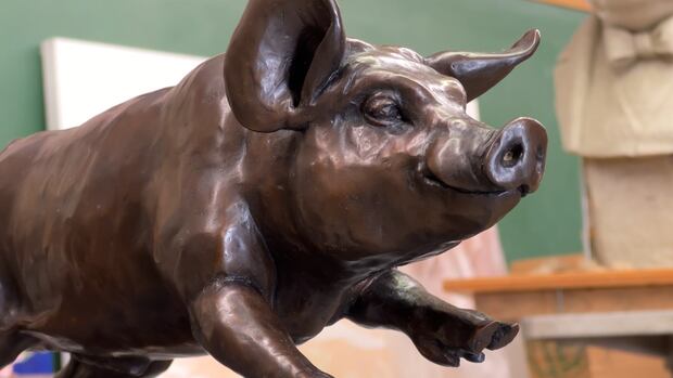 A bronze sculpture of Francis the pig. A bronze sculpture of Red Deer's Francis the pig.