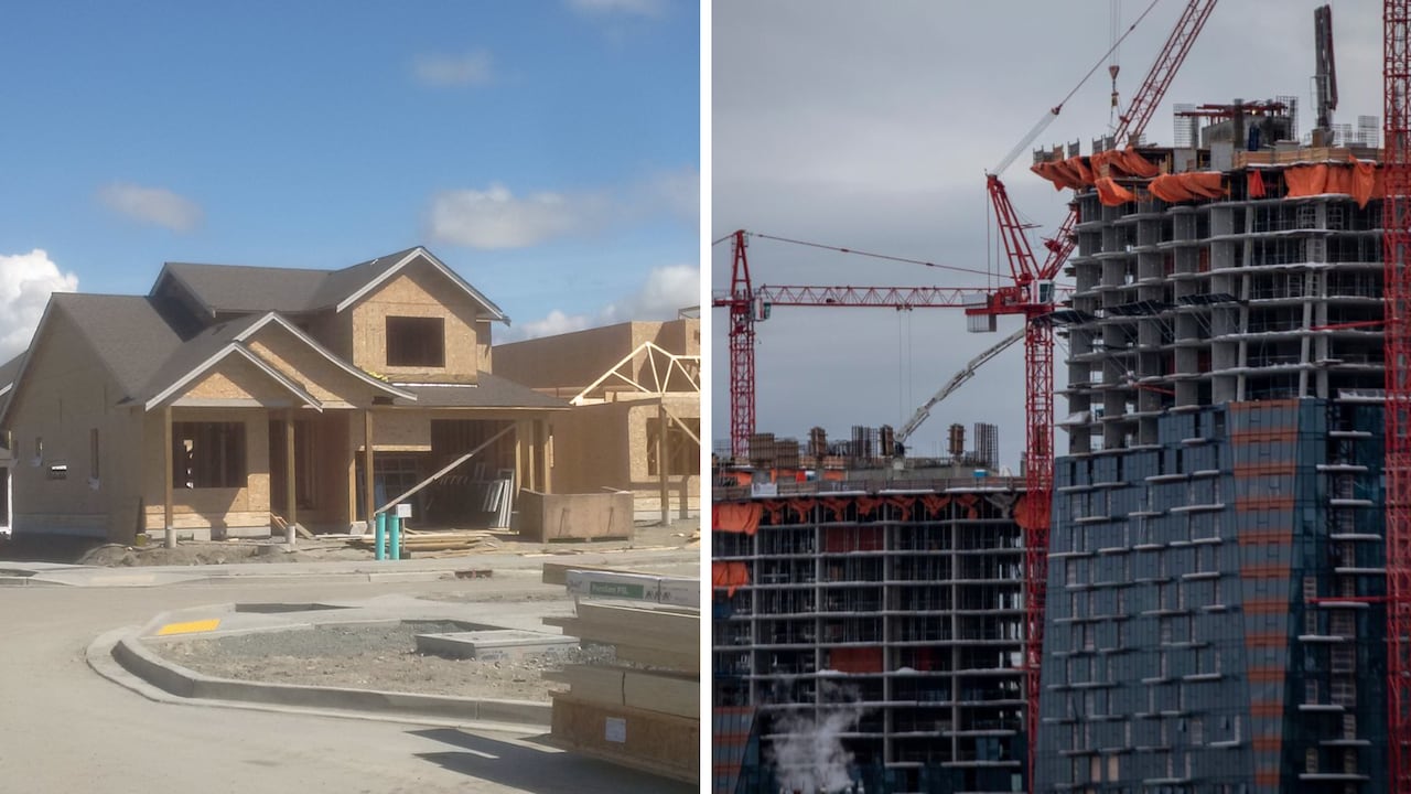 A house and high rise building is shown to be under construction.