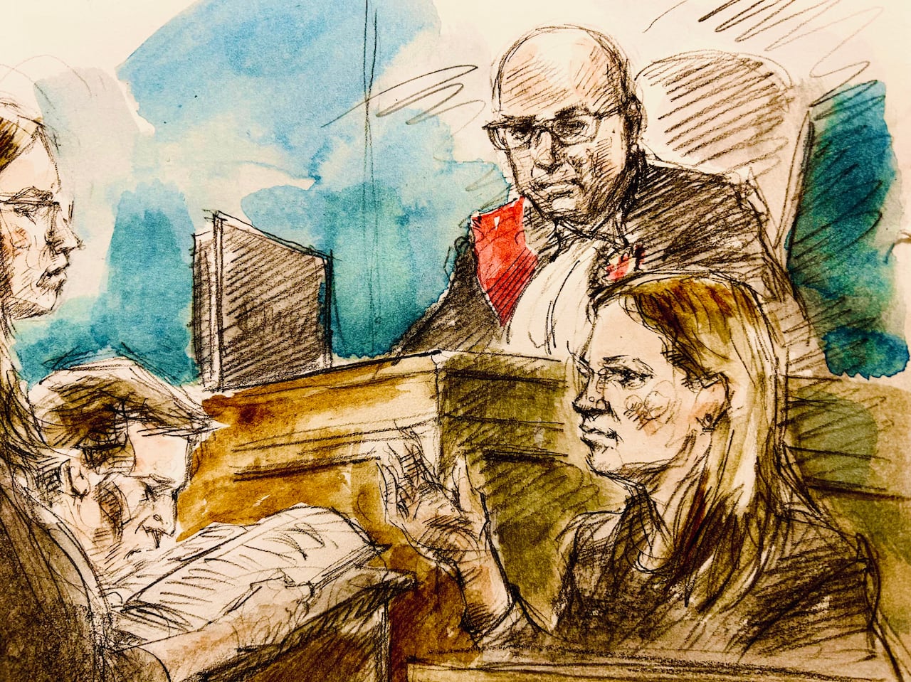 sketch of courtroom with two women, one man