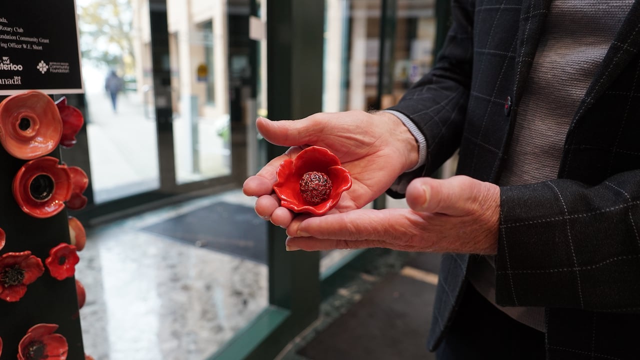 A brace  of hands holding a clay poppy.