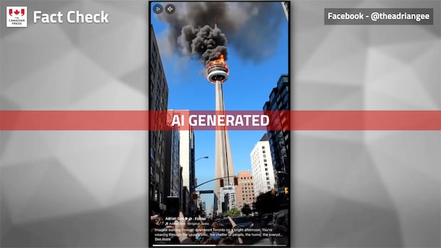A video thumbnail showing a fabricated image of the CN Tower on fire.