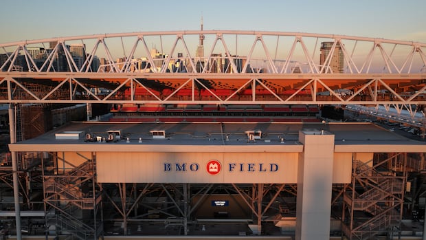 Toronto has implemented 2.5 per cent hotel tax increase that will help cover the cost of hosting six FIFA World Cup 2026 at BMO Field. A closeup on the exterior BMO Field with Hotel X visible in the background
