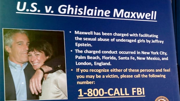 FILE - A board outlining the case against Ghislaine Maxwell is seen during a news conference to announce charges against Maxwell for her alleged role in the sexual exploitation and abuse of multiple minor girls by Jeffrey Epstein, July 2, 2020, in New York. (AP Photo/John Minchillo, File) A man and a woman are shown embracing while next to each other in a picture that's on a large placard.