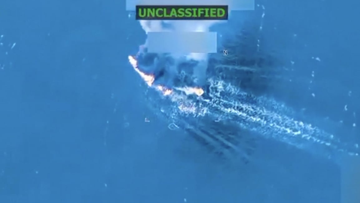 Top view of a burning boat.