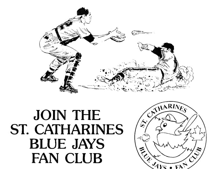 logo of st catharines blue jays and illustration of two baseball players