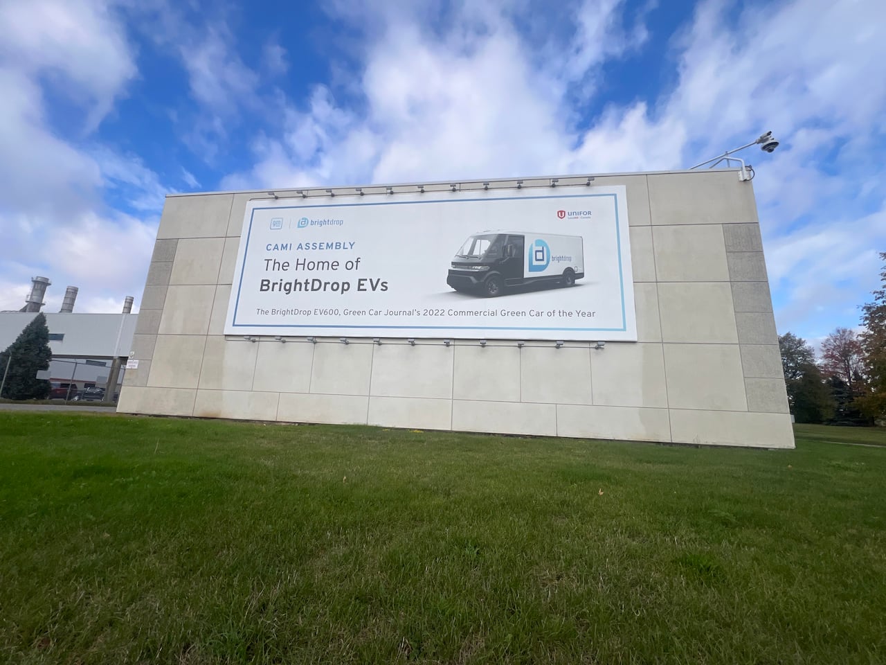 A sign at GM's Cami assembly plant in Ingersoll, Ont., touts the BrightDrop delivery vehicle.