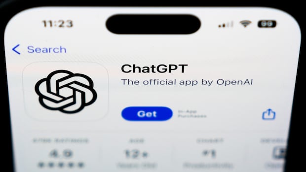 Screenshot of the ChatGPT app on a smartphone, displaying its logo and the option to download from the app store.