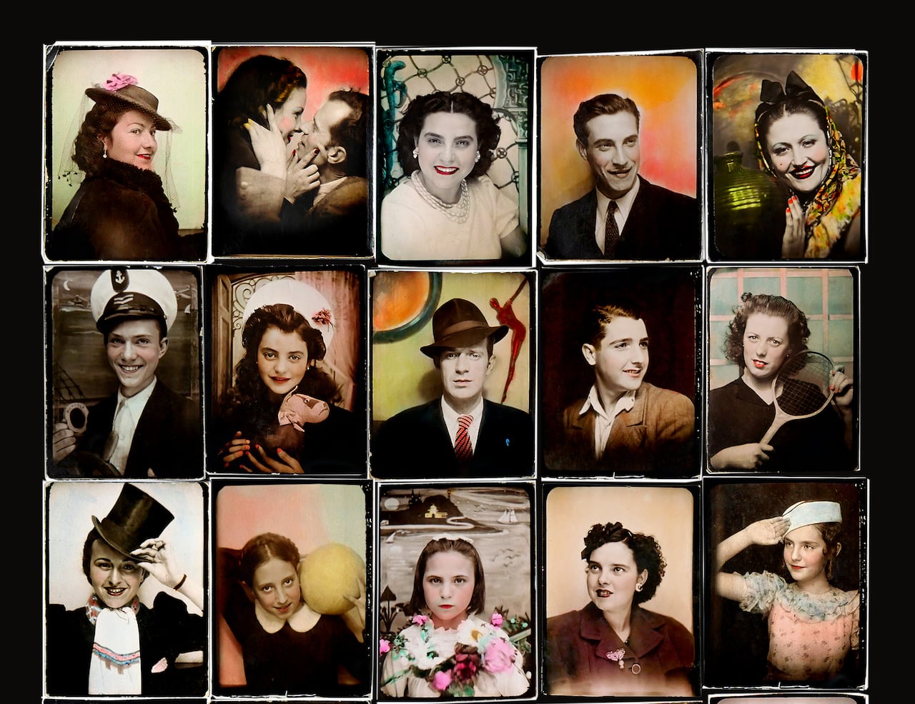 A series of brightly coloured, rectangular photobooth portraits of men, women and children, laid out in a grid.