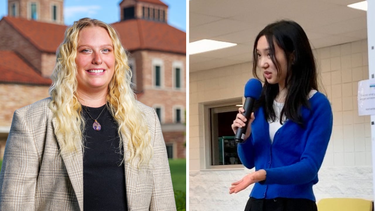 A photo composite that shows a young woman with blonde hair smiling and a young woman with black hair speaking into a microphone.