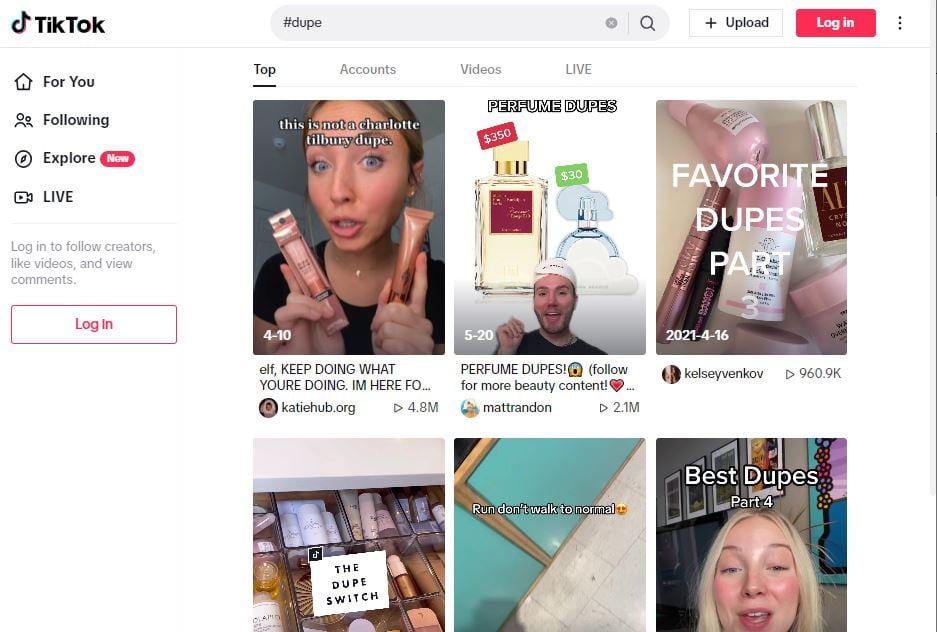 I risultati di una ricerca per la parola #dupe su TikTok. Lo schermo mostra diversi video con prodotti