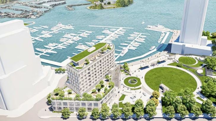 Rendering of what a caller projected societal lodging and simple schoolhouse task would look similar astatine a waterfront location.