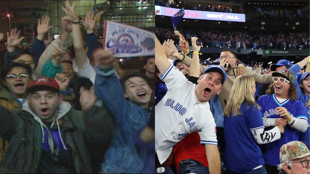 A composite of two groups of people celebrating wearing Toronto Blue Jays merch. 