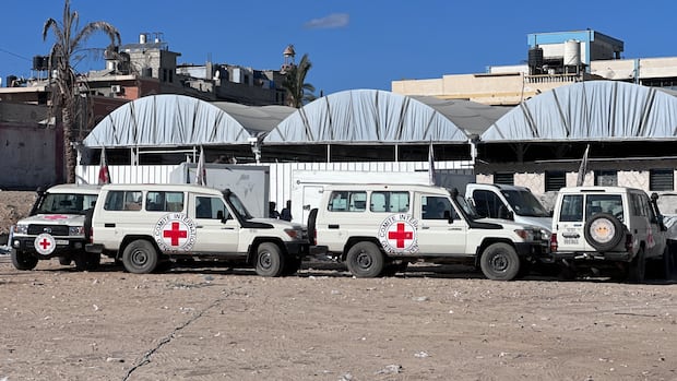 Red Cross vehicles seen outside a facility.