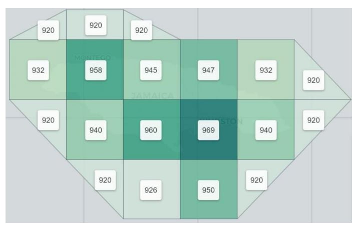Pasaules Bankas karte, kurā parādīti Jamaikas katastrofas obligāciju izraisītāji. Skaitļi parāda viesuļvētras centrālo gaisa spiedienu dažādās Jamaikas daļās, kuras ir jāšķērso, lai izraisītu izmaksu saistībā ar katastrofu.
