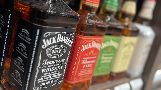 American bottles of liquor on the shelves.