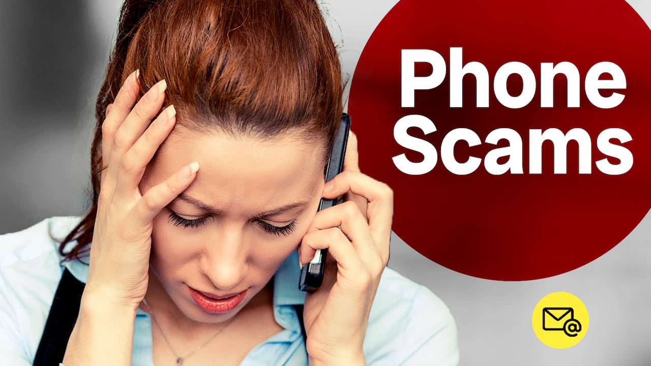 A woman holding her head while talking on a cell phone. A red circle with the words "Phone Scams" is beside her head.