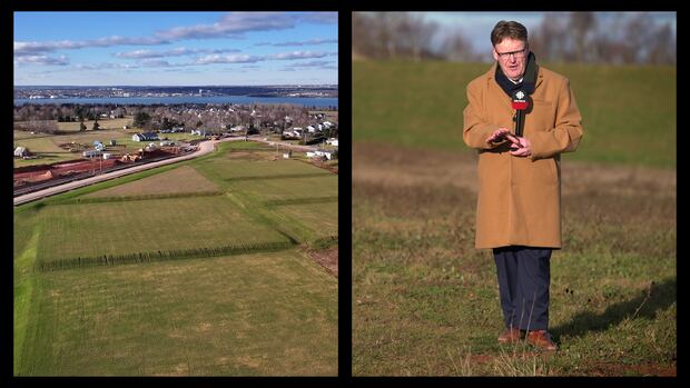 Wayne Thibodeau in split screen with a drone shot of the Stratford Community Campus Wayne Thibodeau in split screen with a drone shot of the Stratford Community Campus