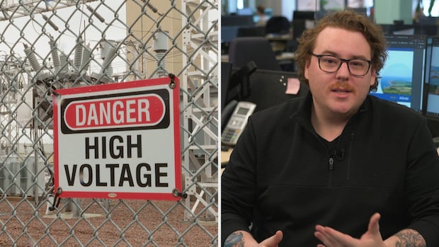 With recent outages shining a light on the fact that the P.E.I. electrical grid is nearing capacity, you may be wondering how the Island gets power in the first place — or what the difference is between Summerside Electric and Maritime Electric. Here's a breakdown from CBC's Cody MacKay. a shot of a fence with a sign on it, and to the right a man with short hair and glasses looking at the camera