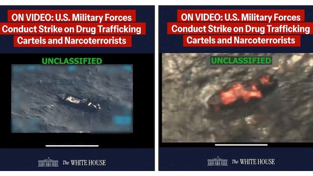 A combination image shows two screen captures from a video posted on the X account of The White House on September 15, 2025, depicting what U.S. President Donald Trump said was a U.S. military strike on a Venezuelan drug cartel vessel that had been on its way to the United States, the second such strike carried out against a suspected drug boat in recent weeks. The White House/Handout via REUTERS. THIS IMAGE HAS BEEN SUPPLIED BY A THIRD PARTY. IMAGE BLURRED AT SOURCE Verification lines: Reuters checked the footage through our AI detection tool and found no evidence of manipulation. however, the footage is partly blurred, making it impossible to confirm if the video is manipulated. Thorough verification is an ongoing process, and Reuters will continue to review the footage as more information becomes available./File Photo Two boats are shown in the weater in grainy video stills marked 'Unclassified.' One boat appears to have been subject to an explosion.