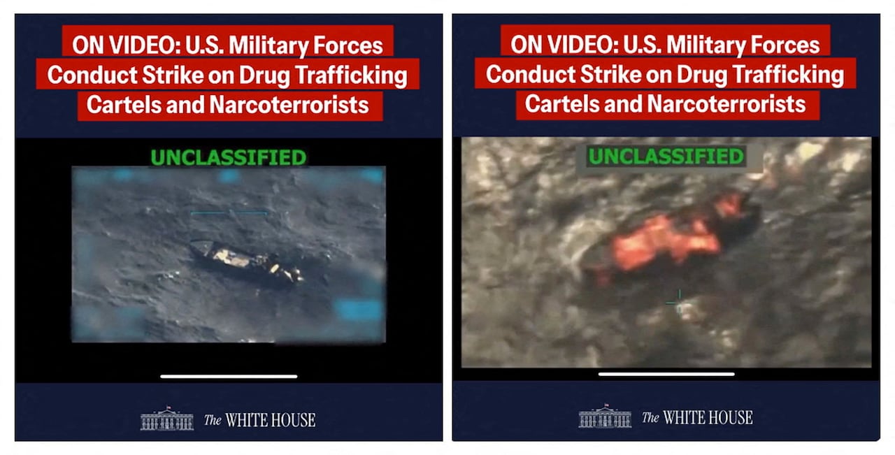 Two boats are shown in the weater in grainy video stills marked 'Unclassified.' One boat appears to have been subject to an explosion.