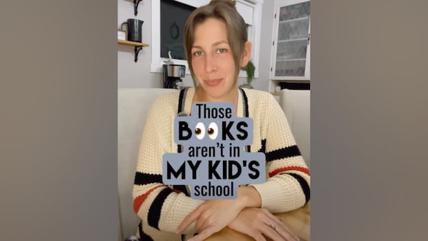 A woman. Text overlay says 'Those books aren't in my kid's school'