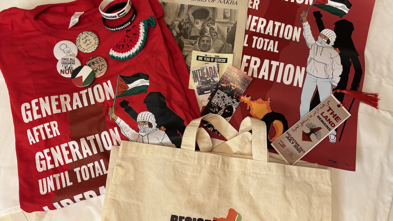 A acceptable of assorted Gaza-related solidarity merch