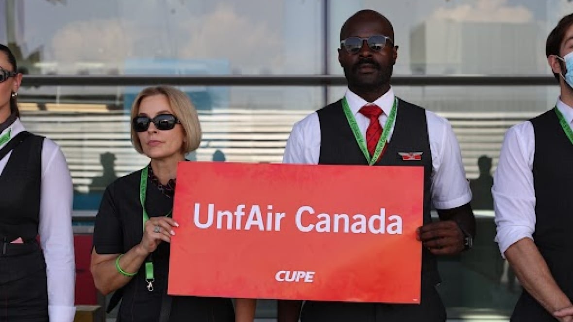 Air Canada employees holding a sign that read 'UnfAir Canada'