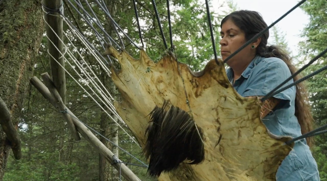 A pistillate   with agelong  acheronian  hairsbreadth  stands extracurricular  scraping a fell  that's stretched betwixt  pieces of wood.