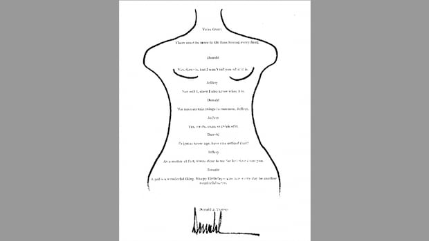 A typed note with marker drawings resembling a woman's figure and a signature at the bottom