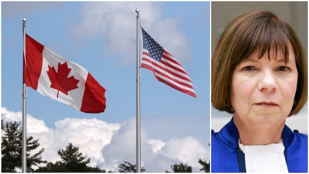 Canadian and American flags on the left,  Kimberly Prost, a Canadian judge on the International Criminal Court on the right