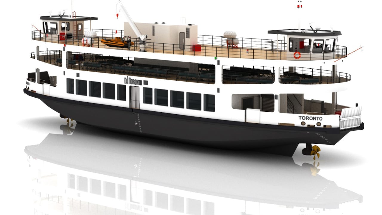 A rendering of a achromatic ferry with a City of Toronto logo connected the side.