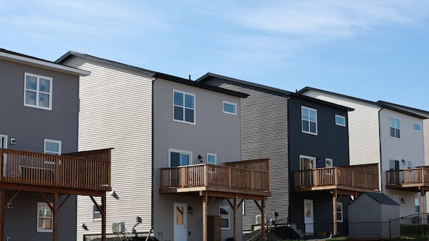 A row of houses is seen from the back of the buildings