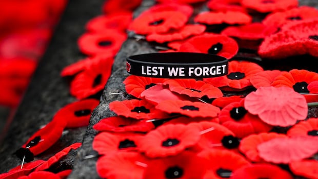 A black wristband with "LEST WE FORGET" rests among numerous vibrant red poppies, creating a solemn tribute to remembrance and honoring the fallen.