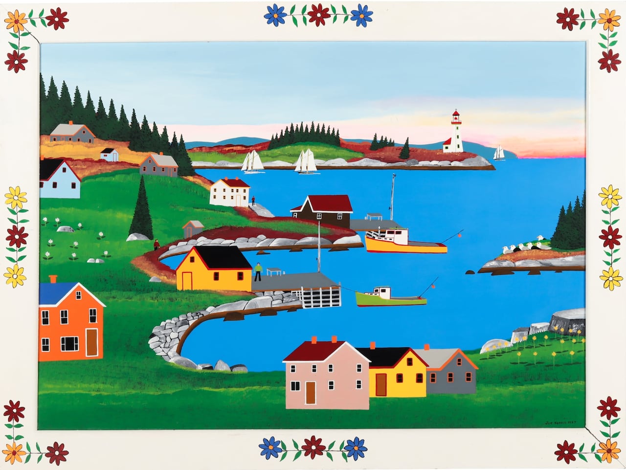 A colorful painting shows a town on the water, boats in the harbor and a lighthouse in the distance.