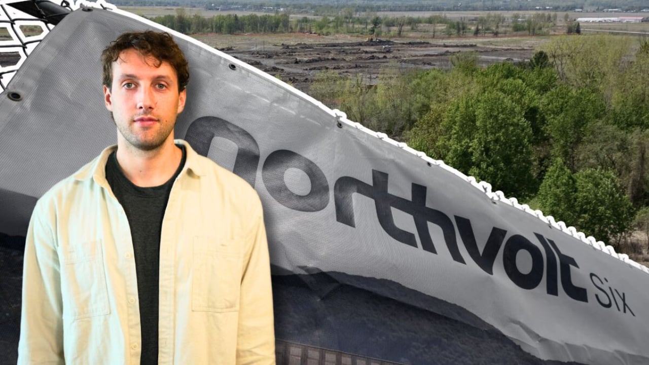 CBC's Matthew Lapierre poses, superimposed over a fence with a Northvolt sign, superimposed over a rural site under development