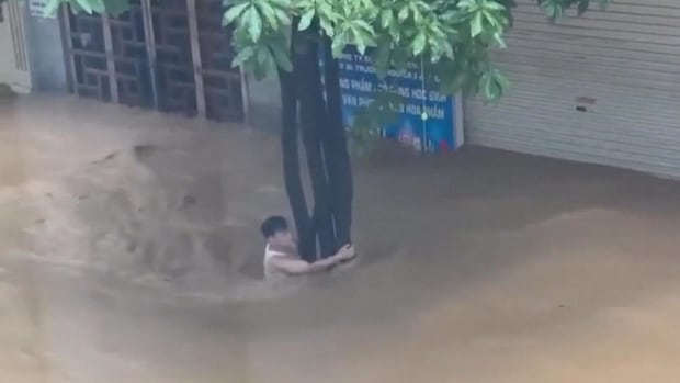 A man clinging to a tree was rescued from floodwaters