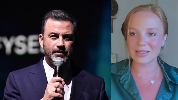 Jimmy Kimmel, left, is seen next to an image of entertainment reporter Ali Carbone in this combination image.