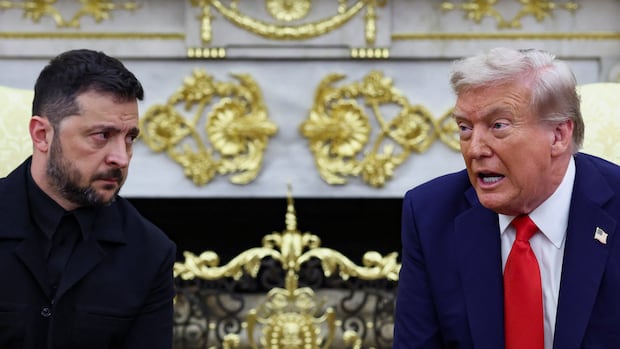 U.S. President Donald Trump speaks and Ukrainian President Volodymyr Zelenskiy listens as they meet at the Oval Office of the White House, amid negotiations to end the Russian war in Ukraine