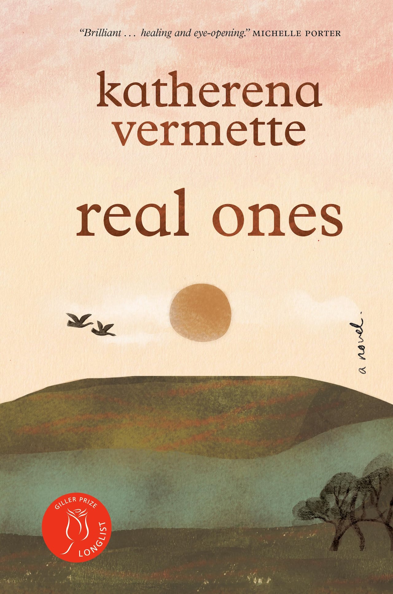 Book cover with an image of a river, mountain and sun in a pink sky.