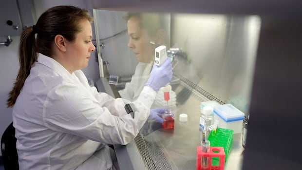In this Wednesday, Jan. 15, 2020, photo scientist and study director Jennifer Molignano uses an electronic pipette to prepare culture medium, a dark pink fluid that provides nutrition to living human skin tissue, as she sets up a demonstration of experiments at a MatTek Corporation lab, in Ashland, Mass. Molignano demonstrated experiments created to evaluate the effects of exposing living human skin tissues to commercially available skin care products, as well as an experiment to evaluate the effects of ultraviolet B rays, a simulation of exposing skin tissues to sunlight. (AP Photo/Steven Senne) A scientist uses an electronic pipette.