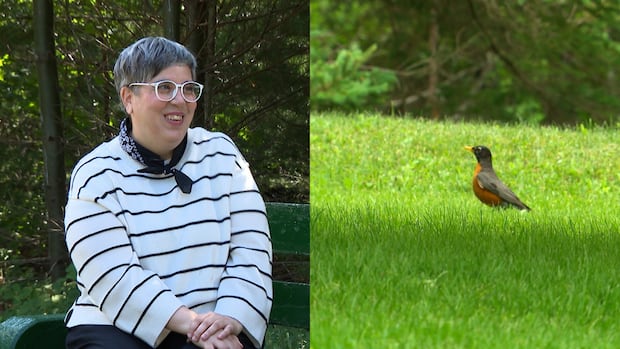On the left, a woman is shown smiling on a park bench. She's wearing white glasses, a blue bandana around her neck and a striped shirt. On the right, a robin sits in the grass.