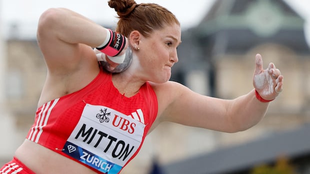 Canada's Sarah Mitton in action during the women's shot put at the Diamond League Final on Wednesday.