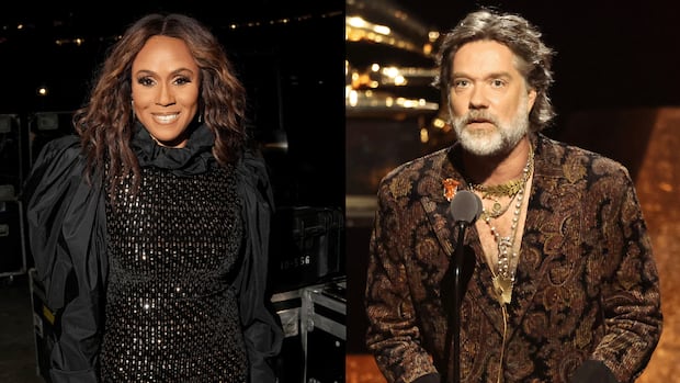 Two photos placed side by side, one of Deborah Cox and one of Rufus Wainwright. 