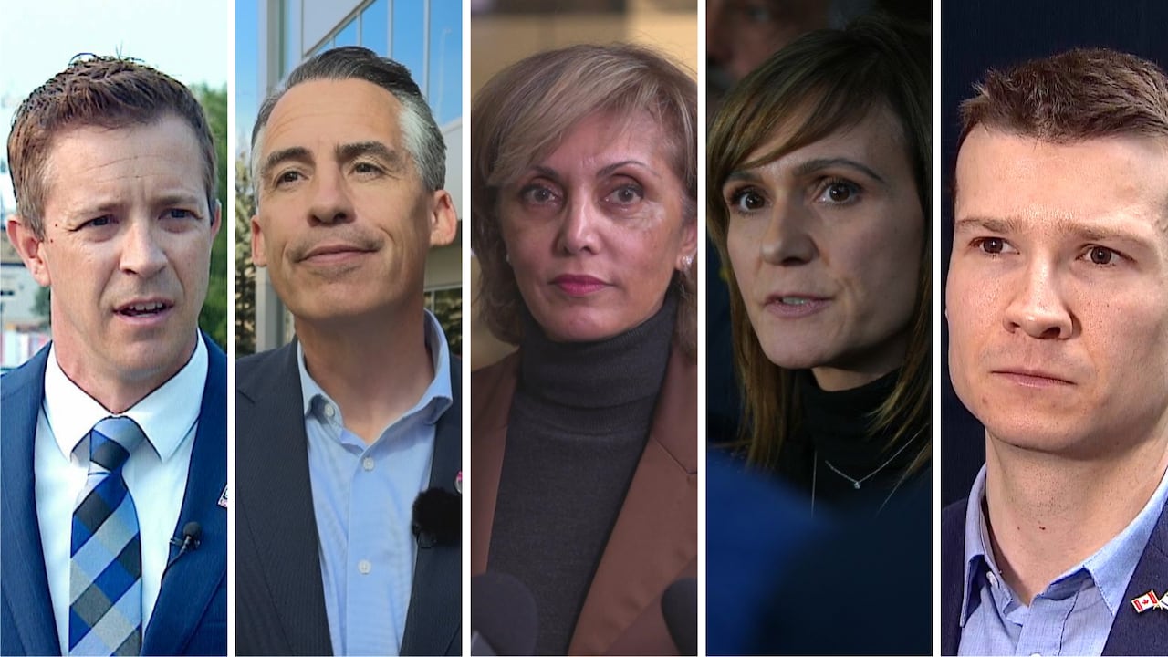From left to right, some of the mayoral candidates in the 2025 municipal election in Calgary: Jeff Davison, Brian Thiessen, Jyoti Gondek, Sonya Sharp and Jeromy Farkas.