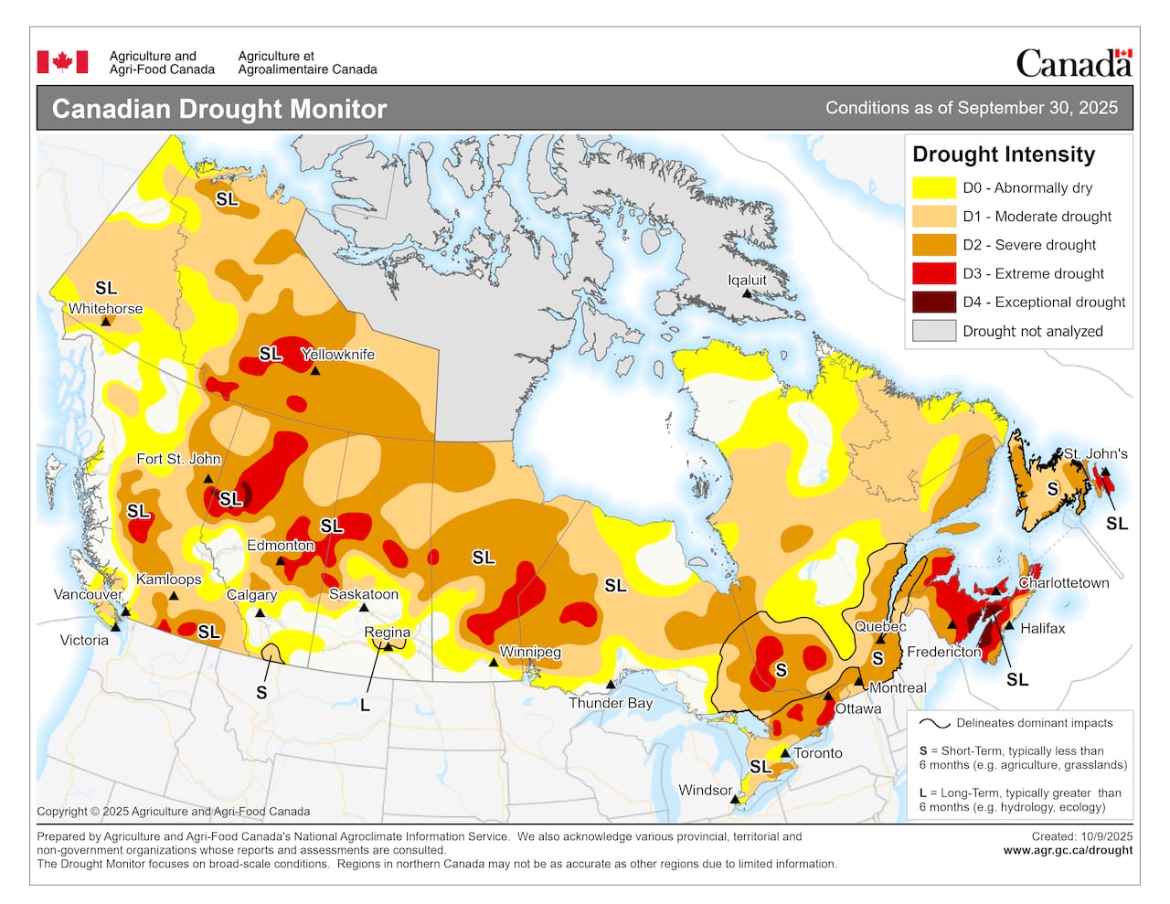 A representation of Canada with information showing drought levels successful each state and territory done a vigor map.