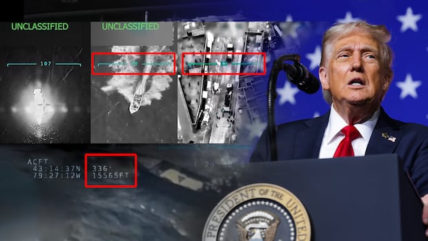 Donald Trump beside alleged Venezuelan drug boats