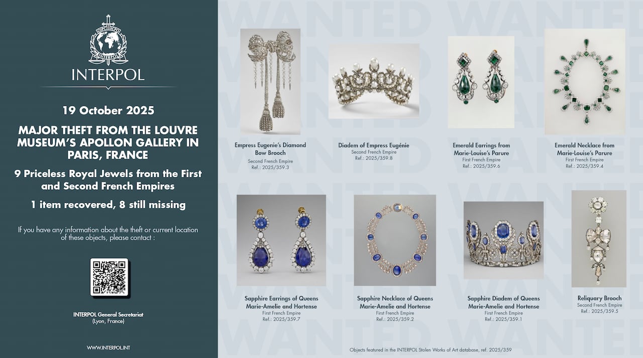 A notice from interpol that shows several jewels stolen from the louvre