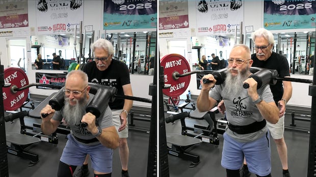 Exercise and social interactions may help older adults recover successfully after a period of bad health, say researchers A man with a big beard squats down, with a white-haired man behind him spotting him