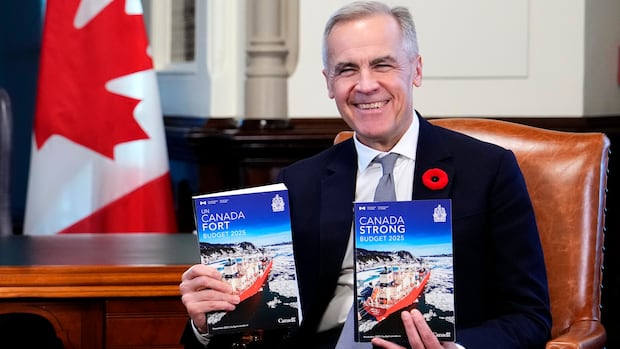 A man in a dark suit smiles and holds up copies of the budget book